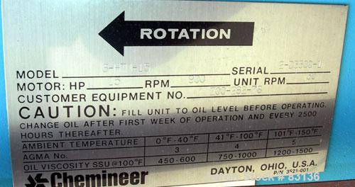 Used Chemineer Agitator Gearbox Only, Model 6HTM15. Input rpm 900, output rpm 30. Approximate 9-3/8" OD carbon steel shaft mounting ring with (6) approximate 3/4" threaded holes on 4" centers. Unit r...