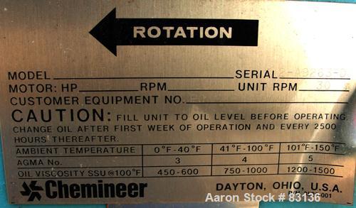 Used Chemineer Agitator Gearbox Only, Model 6HTM15. Input rpm 900, output rpm 30. Approximate 9-3/8" OD carbon steel shaft mounting ring with (6) approximate 3/4" threaded holes on 4" centers. Unit r...