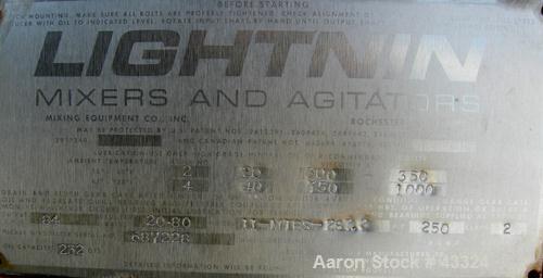 Used- Lightnin Top Entering Agitator, Model 11MTBS-287.2. Closed tank design. Ratio 20.8:1, output rpm 84, 250 hp rating. 20...
