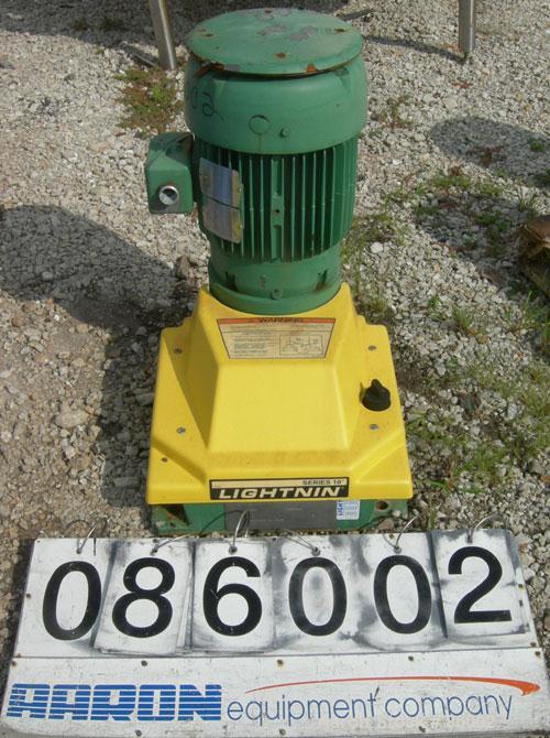 Used Lightnin Series 10 Top Entering Agitator, Model 15QS2. Open tank design, ratio 17.31:1, output RPM 45. Driven by a 2 HP, 3/60/230/460 Volt, 850 RPM motor.