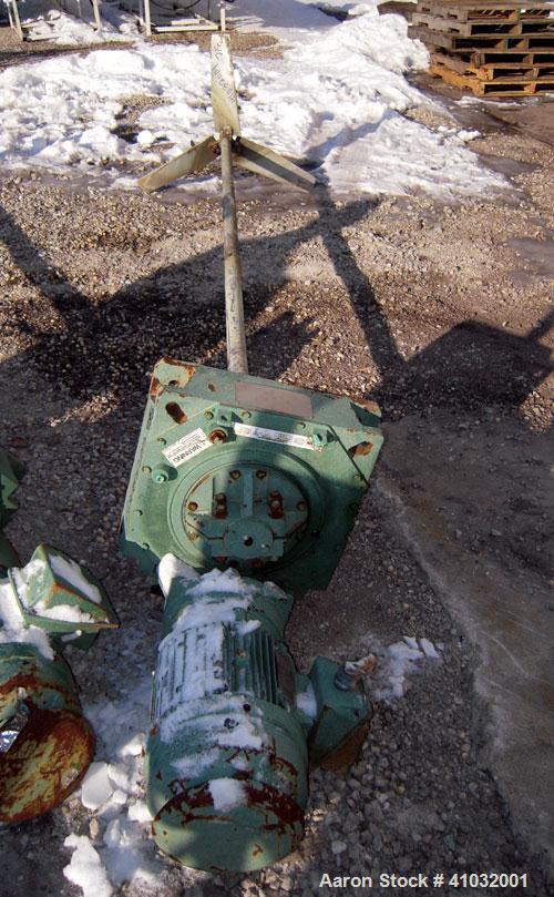 Used Lightnin Top Entering Agitator, Model 15-S-3. Ratio 14 to 1, 84 output rpm. 2" diameter x 120" long 316 stainless steel shaft with an approximate 32'' diameter 316 stainless steel 3 blade turbin...