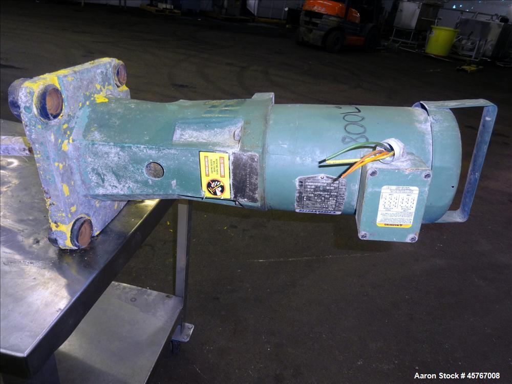 Used Lightnin Agitator, 316 Stainless Steel Shaft, 101" long x 1-1/4" diameter shaft with 10" diameter (3) blade turbine Driven by .33 hp, 3/60/208-230/460 volt, 1725 rpm motor.