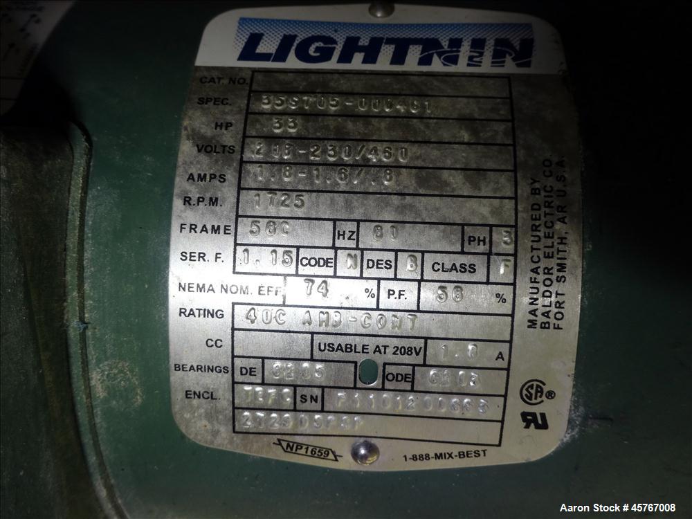 Used Lightnin Agitator, 316 Stainless Steel Shaft, 101" long x 1-1/4" diameter shaft with 10" diameter (3) blade turbine Driven by .33 hp, 3/60/208-230/460 volt, 1725 rpm motor.