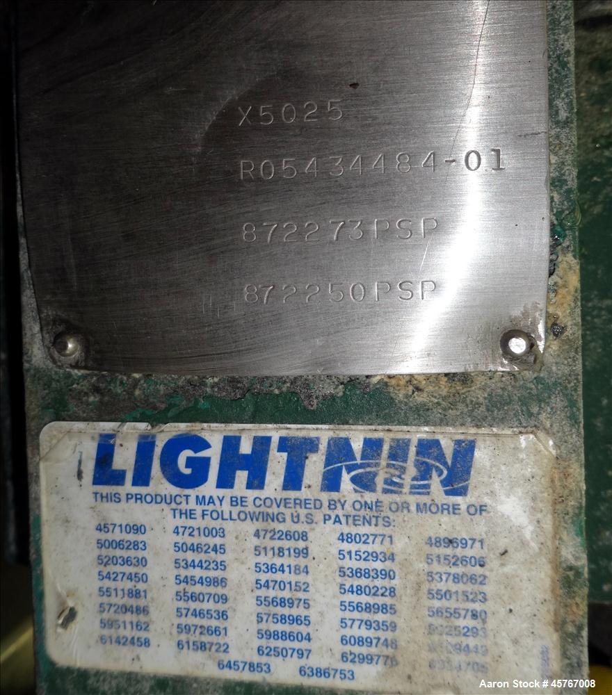 Used Lightnin Agitator, 316 Stainless Steel Shaft, 101" long x 1-1/4" diameter shaft with 10" diameter (3) blade turbine Driven by .33 hp, 3/60/208-230/460 volt, 1725 rpm motor.