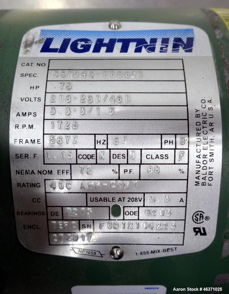 Used- Lightnin Clamp On Agitator, Model X5P75. 3/4hp, 3/60/208-230/460 Volt, 1725 rpm motor. Set up for an approximate 1" di...