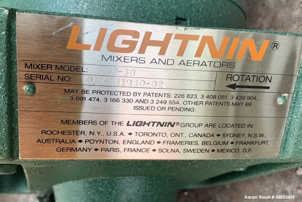 Unused- Lightnin Agitator, Model Xd-30. Approximate 1/2" diameter x 32" long stainless steel shaft, no blade. Driven by 0.30hp, 3/60/50/208-220/440 volt, 1725/1450 rpm motor. Serial# 95/31930-02.