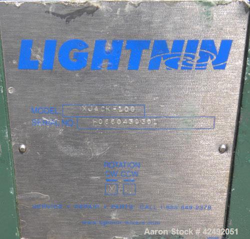 Used Lightnin Fixed Mount, Open Tank Design, Air Operated Agitator, Model XJACK-100. Clockwise rotation. Approximate 4’’ diameter 304 stainless steel stub shaft mounting flange with slotted bolt hole...