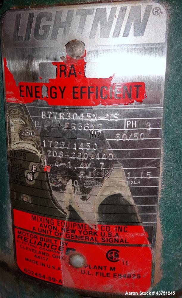 Used Lightnin Agitator, Model XJC-30. 1" Diameter x 28" long stainless steel shaft with a 3 blade turbine, driven by a 0.30hp, 3/60/208-230/460 volt, 1725/1450 rpm motor. Serial# 92/567114-02.