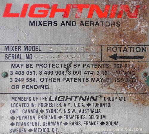 Used- Lightnin Top Entering Agitator, Model XJCK-43XP. 4" diameter stub shaft mountingflange. Driven by a .43 hp, 1/60/50/11...