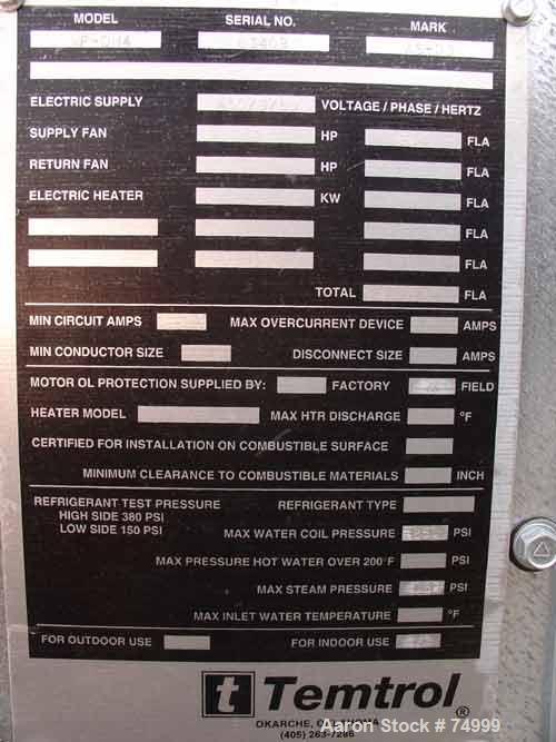 USED:Temtrol welded frame indoor air handling unit, model WF-DH4.15 psi max steam, 250 psi max water coil. 2 hp supply fan, 2000 cfm,cooiling coil 2000 cfm, heating coil 2000 cfm. Side access doors.