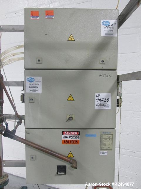Used Getinge Sterilizer Autoclave, Model 91415. Stainless steel product contact surfaces, dual sided pass thru design with pneumatic door closure, 2010 liter chamber volume, approximately 870 mm wide...
