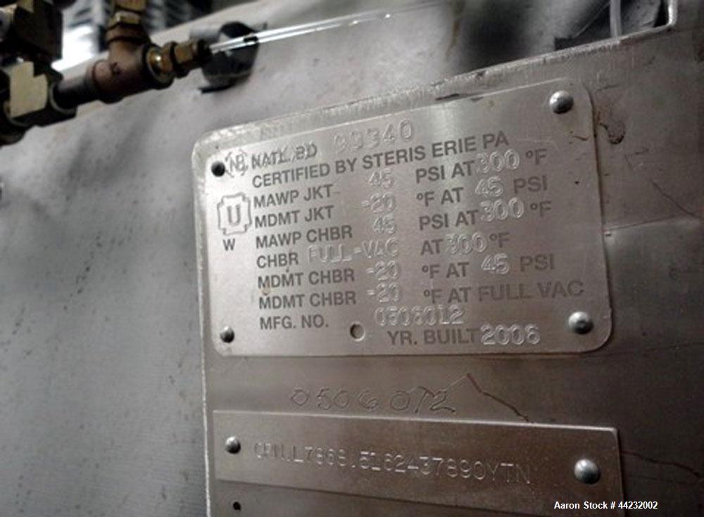 Used Steris (Amsco) Single Door Pharmaceutical Autoclave, Model SV-160H, prevac steam sterilizer. Camber rated Full Vacuum at 300 degrees F, jacket rated 45 psi at 300 degrees F. Includes portable ca...