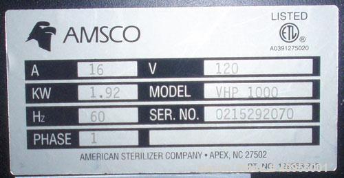 Used Amsco Vaporized Hydrogen Peroxide Sterilizer, Model VHP 1000. 1/60/120 volt, 1.92 kw, 16 amp. Portable design, serial  #0215292070.