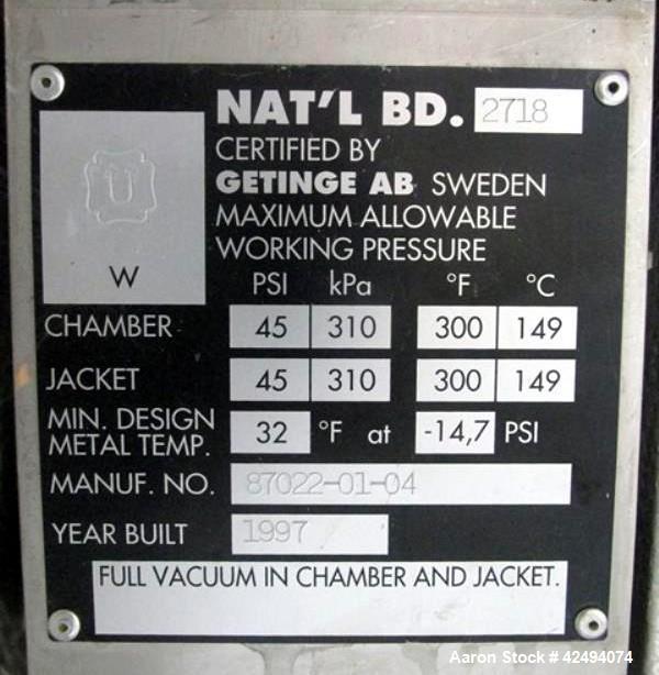 Used Getinge Autoclave, Model GE 6610 AC-1. Stainless steel construction. Internal rated 45psi and Full Vacuum at 300 degrees F. Jacket rated for 45 psi and Full Vacuum at 300 degrees F. With control...