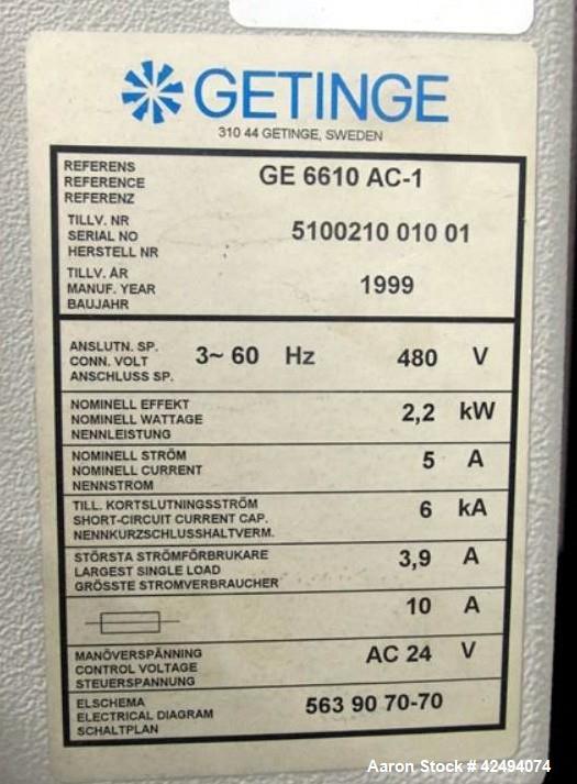 Used Getinge Autoclave, Model GE 6610 AC-1. Stainless steel construction. Internal rated 45psi and Full Vacuum at 300 degrees F. Jacket rated for 45 psi and Full Vacuum at 300 degrees F. With control...