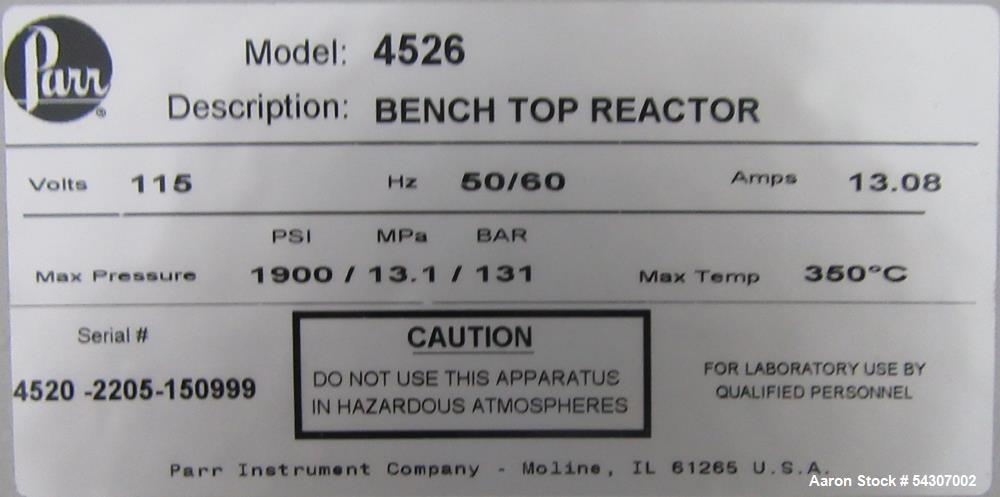 Used Parr Model 4526 Bench Top Reactor 2L 1900 PSI with 4848 Controller
