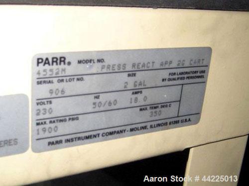 Used Parr Autoclave, 2 Gallon, Model 4552M, Stainless Steel. Rated 1900 psig at 350 degrees F. With drive unit, electrically heated, on cart with controls, 230 volts. Serial #906.