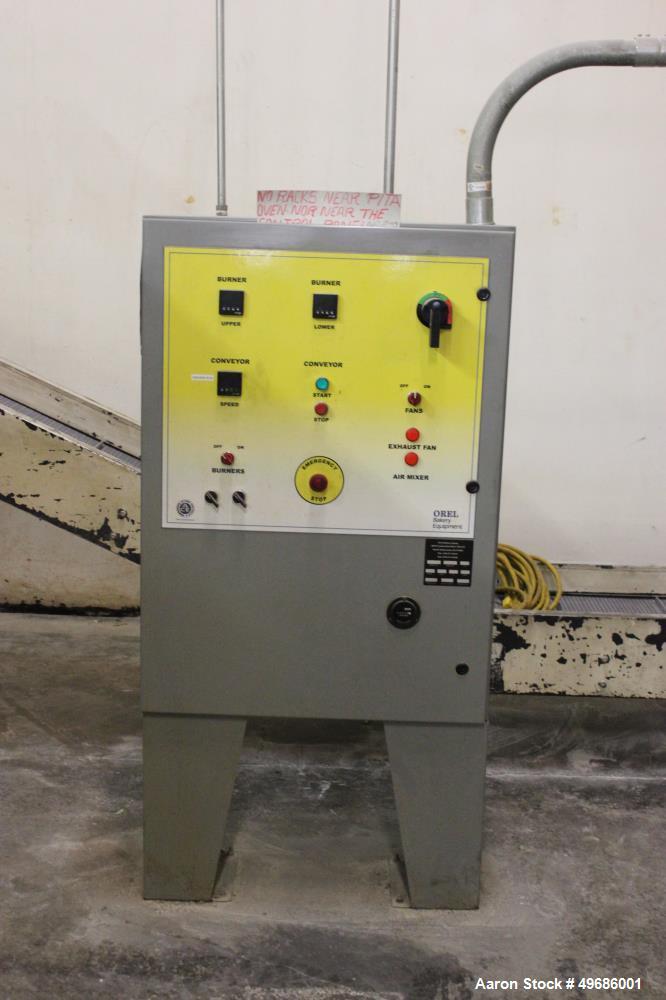 Used Orel Bakery Equipment Pita Bread Oven, Model P Tunnel Oven. In Feed, Transfer Conveyor gas Flat Bread/Pita Oven. Continuous Feed. Dimensions: 30' x 9' x 9'. Control Panel: 30" wide x 12" deep x ...