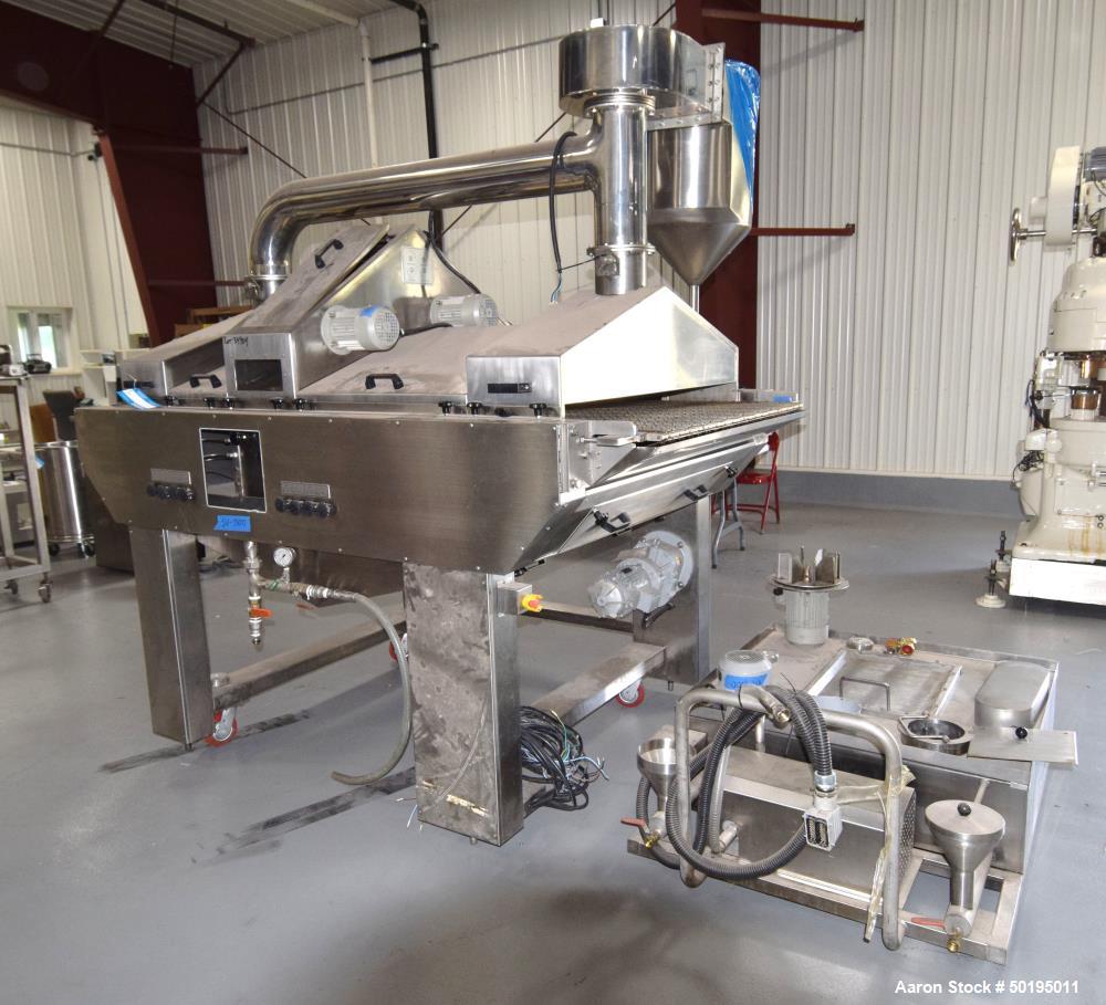 Used Oil Spray Coating Machine. Includes wire mesh belt conveyor, spray applicators and oil recirculation unit. Mounted on casters.  ADD 18% BP AND $500 LOADING FEE.