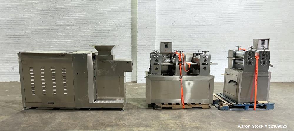 Used- Shangha Target 11" Rolling & Scoring Line. Designed to make chiclets. Consisting of: Twin Screw extruder missing screw...