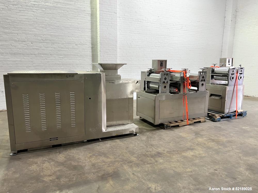 Used Shangha Target 11" Rolling & Scoring Line. Designed to make chiclets. Consisting of: Twin Screw extruder missing screws and die with motor drive, (3) sets of sheeting rollers measuring approxima...