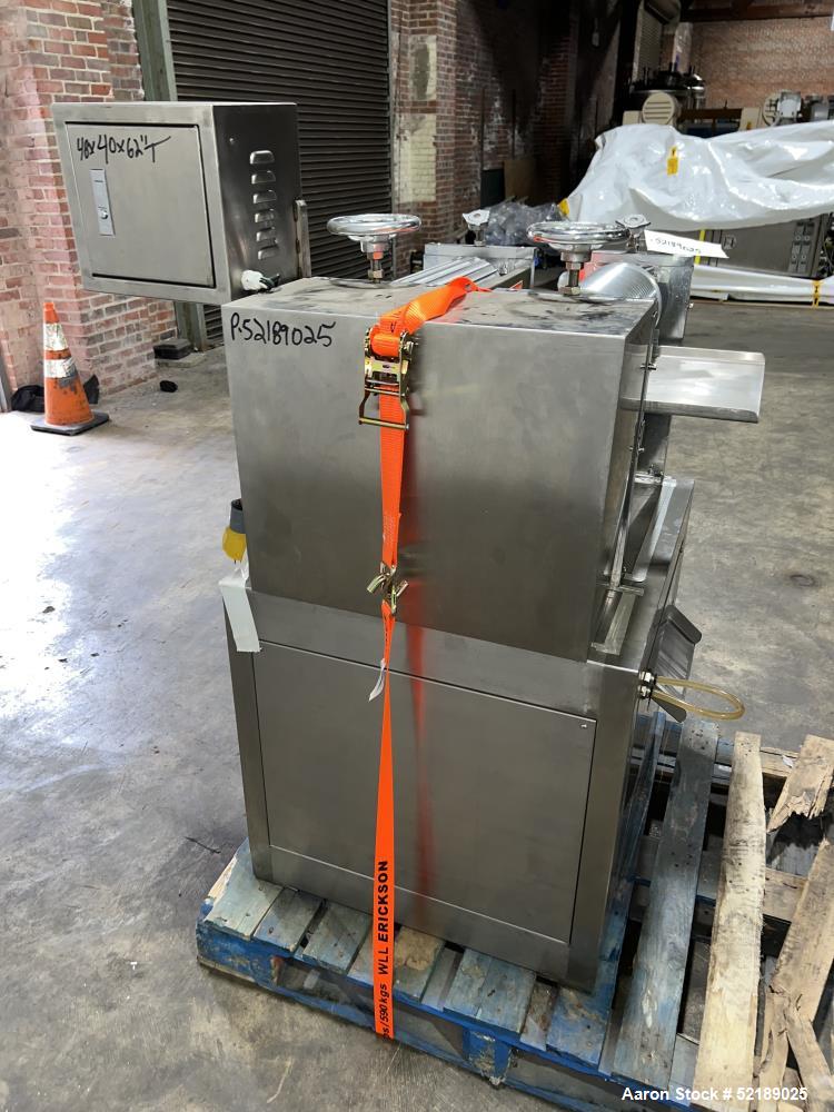 Used Shangha Target 11" Rolling & Scoring Line. Designed to make chiclets. Consisting of: Twin Screw extruder missing screws and die with motor drive, (3) sets of sheeting rollers measuring approxima...