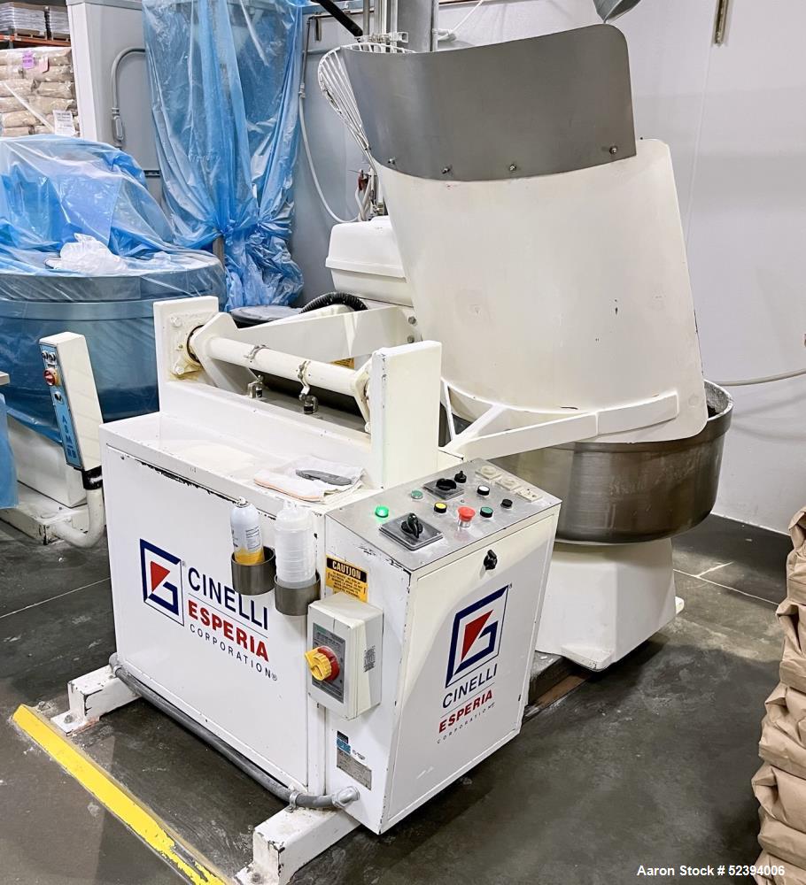 Used- Cinelli Esperia Corp. Spiral Mixer, Model CC-160KG/STL. Hoist deposit system. Approximate 36" diameter bowl. Flour cap...