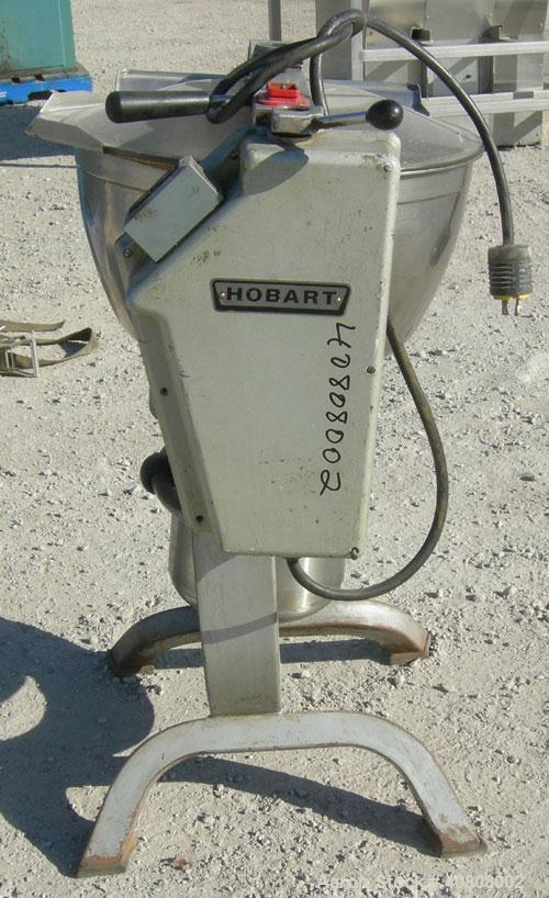 Used Hobart Cutter/Mixer, Model HCM-450, 304 stainless steel. 45 quart (11 gallon) bowl, 19 3/4" diameter x 10" deep with pouring lip. Curved 2 blade cut/mix knife. Plastic top cover with baffle, man...