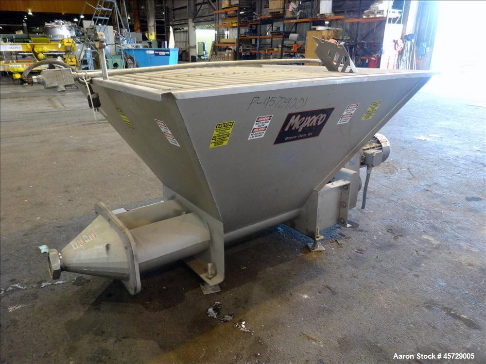 Used Mepaco Dual Auger Feeder, Model 105, 3,000 pound capacity, 304 Stainless Steel. Hopper is 60" long x 64" wide x 36" deep. Includes (2) 8" diameter x 48" long augers, driven by a 7.6kw, 3/60/230/...