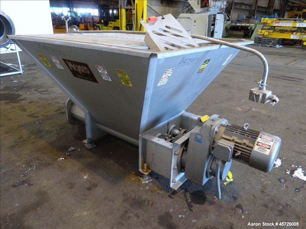 Used Mepaco Dual Auger Feeder, Model 105, 3,000 pound capacity, 304 Stainless Steel. Hopper is 60" long x 64" wide x 36" deep. Includes (2) 8" diameter x 48" long augers, driven by a 7.6kw, 3/60/230/...