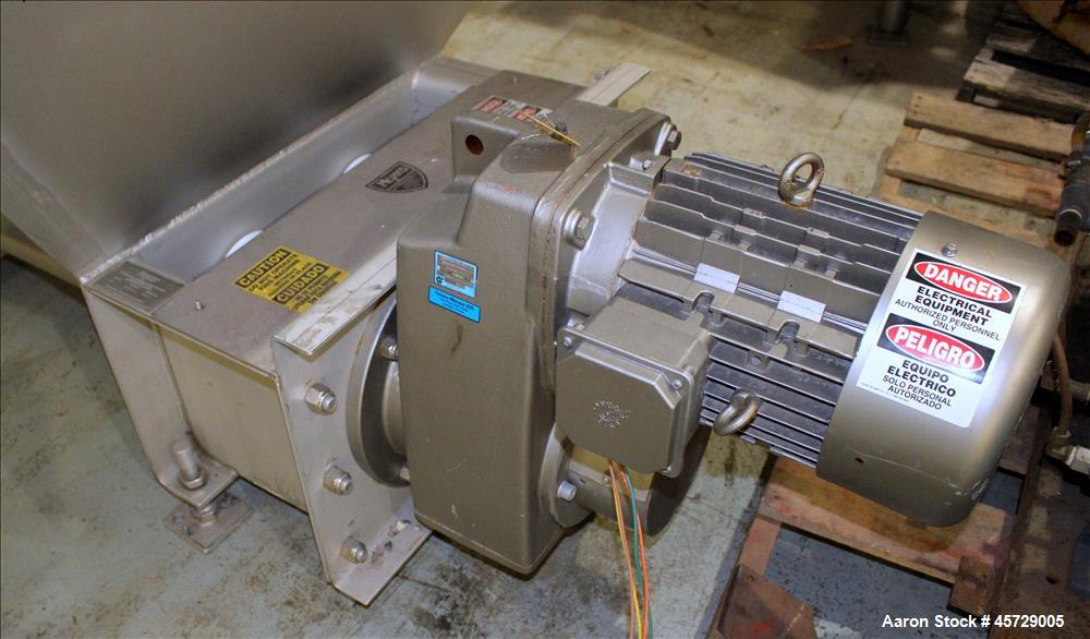 Used Mepaco Dual Auger Feeder, Model 105, 3,000 pound capacity, 304 Stainless Steel. Hopper is 60" long x 64" wide x 36" deep. Includes (2) 8" diameter x 48" long augers, driven by a 7.6kw, 3/60/230/...