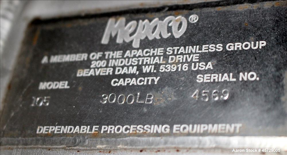 Used Mepaco Dual Auger Feeder, Model 105, 3,000 pound capacity, 304 Stainless Steel. Hopper is 60" long x 64" wide x 36" deep. Includes (2) 8" diameter x 48" long augers, driven by a 7.6kw, 3/60/230/...