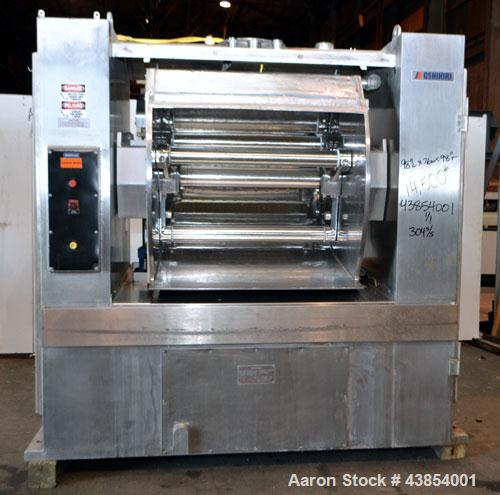 Used Oshikiri Horizontal Mixer, Model HM1000, 304 Stainless Steel.  Approximately 1000 pound (450 kg) dough weight batch size.  Stainless steel dimpled jacketed bowl approximately 42” front to back x...