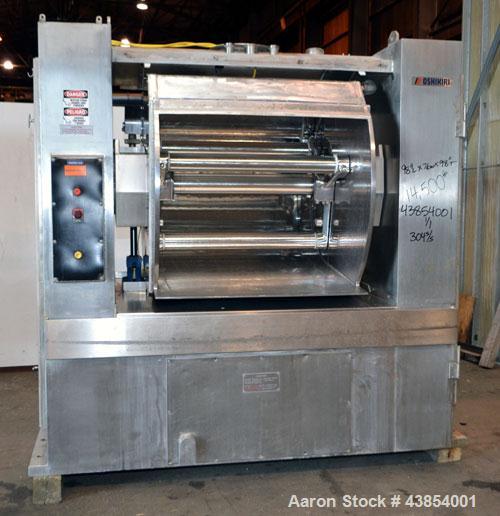 Used Oshikiri Horizontal Mixer, Model HM1000, 304 Stainless Steel.  Approximately 1000 pound (450 kg) dough weight batch size.  Stainless steel dimpled jacketed bowl approximately 42” front to back x...