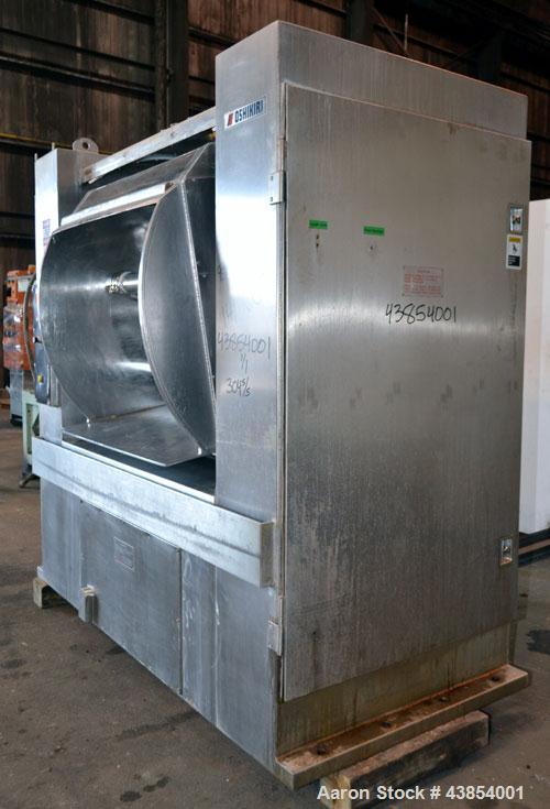 Used Oshikiri Horizontal Mixer, Model HM1000, 304 Stainless Steel.  Approximately 1000 pound (450 kg) dough weight batch size.  Stainless steel dimpled jacketed bowl approximately 42” front to back x...