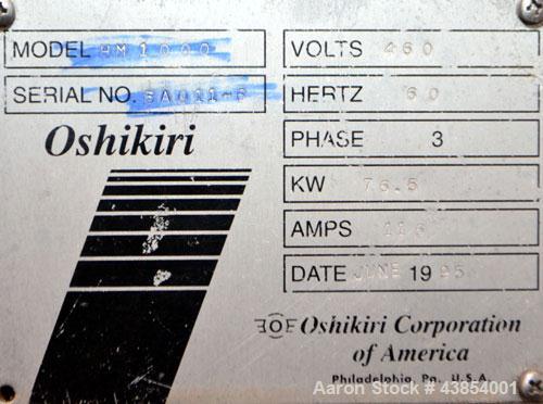 Used Oshikiri Horizontal Mixer, Model HM1000, 304 Stainless Steel.  Approximately 1000 pound (450 kg) dough weight batch size.  Stainless steel dimpled jacketed bowl approximately 42” front to back x...