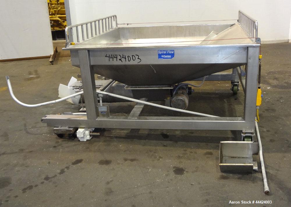 Used Peerless Spiral Flow Dough Feeder, Model SF-20CT, 304 Stainless Steel. 2000 Pound hopper capacity, approximately 66” long x 66” wide. Includes an approximately 8” diameter spiral auger, driven b...