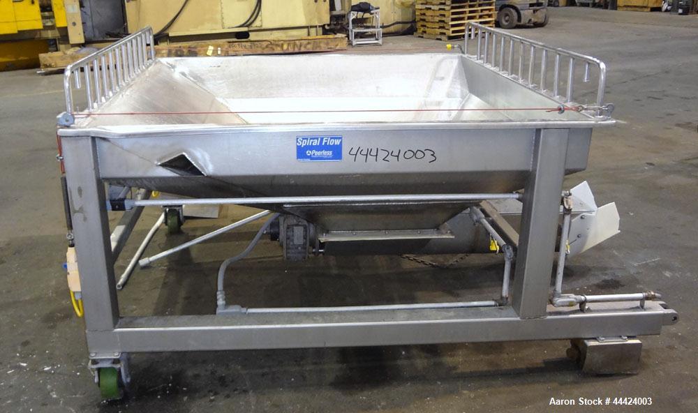 Used Peerless Spiral Flow Dough Feeder, Model SF-20CT, 304 Stainless Steel. 2000 Pound hopper capacity, approximately 66” long x 66” wide. Includes an approximately 8” diameter spiral auger, driven b...