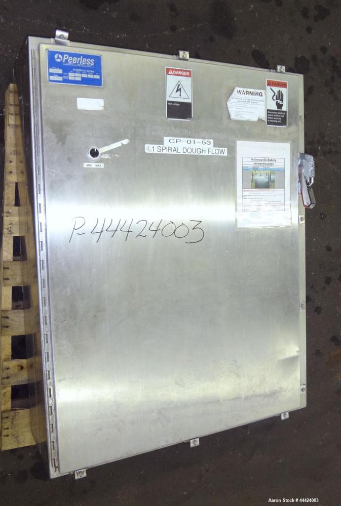 Used Peerless Spiral Flow Dough Feeder, Model SF-20CT, 304 Stainless Steel. 2000 Pound hopper capacity, approximately 66” long x 66” wide. Includes an approximately 8” diameter spiral auger, driven b...
