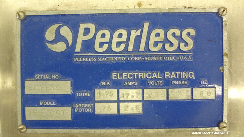 Used Peerless Spiral Flow Dough Feeder, Model SF-20CT, 304 Stainless Steel. 2000 Pound hopper capacity, approximately 66” long x 66” wide. Includes an approximately 8” diameter spiral auger, driven b...