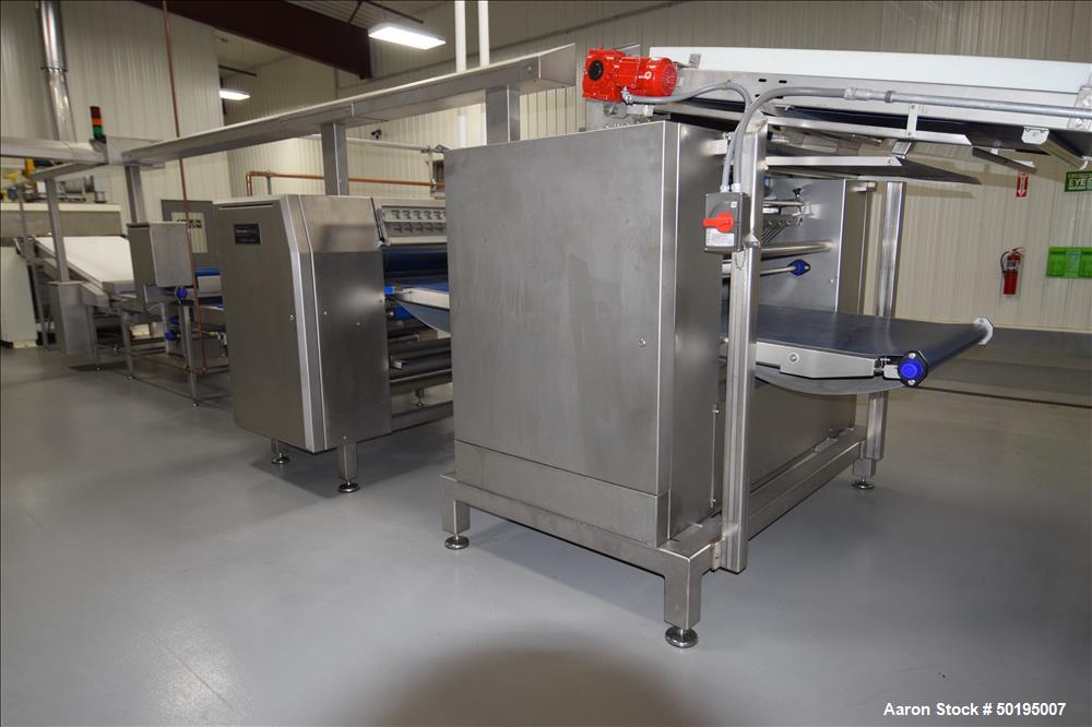 Used Rademaker Sheeting System For Chips, 1000mm Wide, Serial# 7193, Built 2008. Consisting of: (1) 10" wide x 96" long rubber belt conveyor with a 0.37kw gear motor, (1) 3 roll inclined belt feeder ...