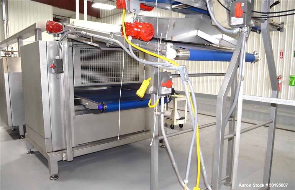 Used Rademaker Sheeting System For Chips, 1000mm Wide, Serial# 7193, Built 2008. Consisting of: (1) 10" wide x 96" long rubber belt conveyor with a 0.37kw gear motor, (1) 3 roll inclined belt feeder ...