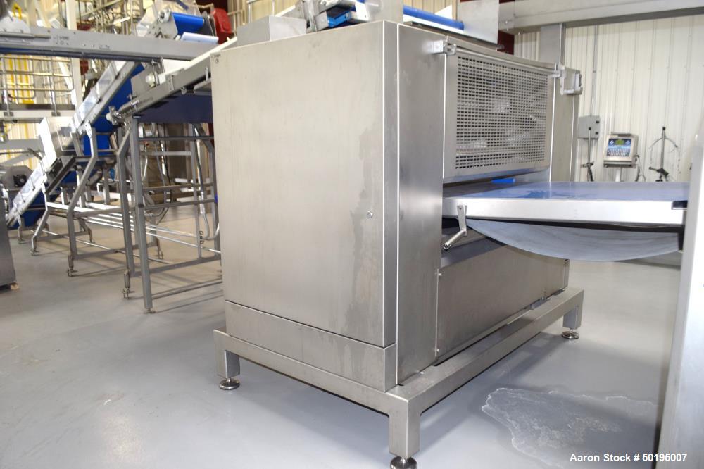 Used Rademaker Sheeting System For Chips, 1000mm Wide, Serial# 7193, Built 2008. Consisting of: (1) 10" wide x 96" long rubber belt conveyor with a 0.37kw gear motor, (1) 3 roll inclined belt feeder ...