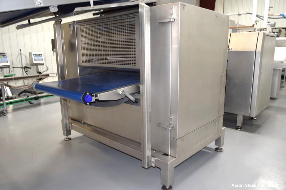 Used Rademaker Sheeting System For Chips, 1000mm Wide, Serial# 7193, Built 2008. Consisting of: (1) 10" wide x 96" long rubber belt conveyor with a 0.37kw gear motor, (1) 3 roll inclined belt feeder ...
