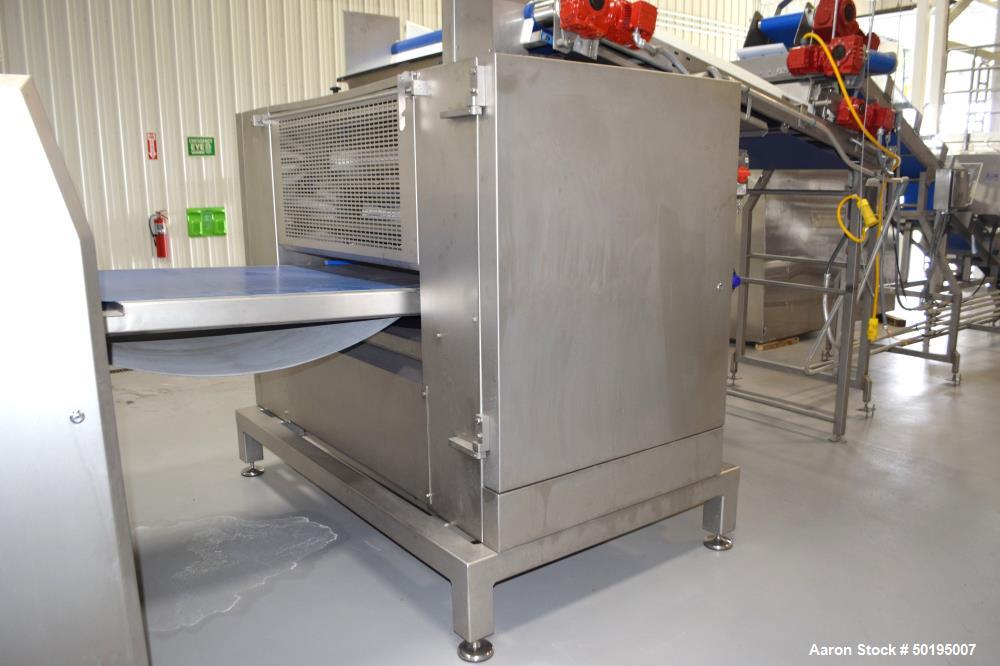 Used Rademaker Sheeting System For Chips, 1000mm Wide, Serial# 7193, Built 2008. Consisting of: (1) 10" wide x 96" long rubber belt conveyor with a 0.37kw gear motor, (1) 3 roll inclined belt feeder ...