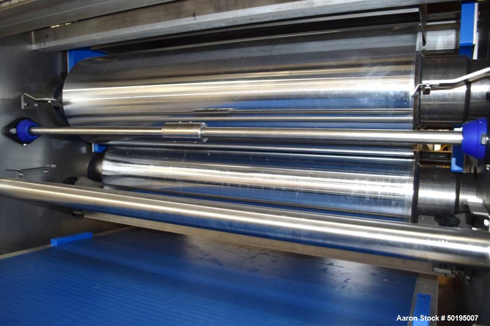 Used Rademaker Sheeting System For Chips, 1000mm Wide, Serial# 7193, Built 2008. Consisting of: (1) 10" wide x 96" long rubber belt conveyor with a 0.37kw gear motor, (1) 3 roll inclined belt feeder ...