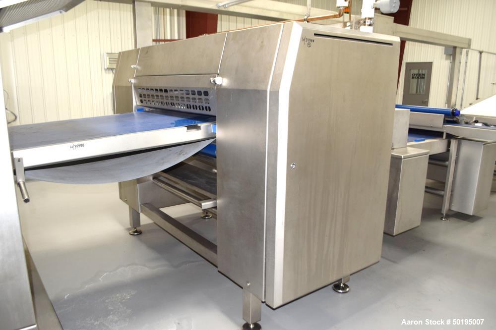 Used Rademaker Sheeting System For Chips, 1000mm Wide, Serial# 7193, Built 2008. Consisting of: (1) 10" wide x 96" long rubber belt conveyor with a 0.37kw gear motor, (1) 3 roll inclined belt feeder ...