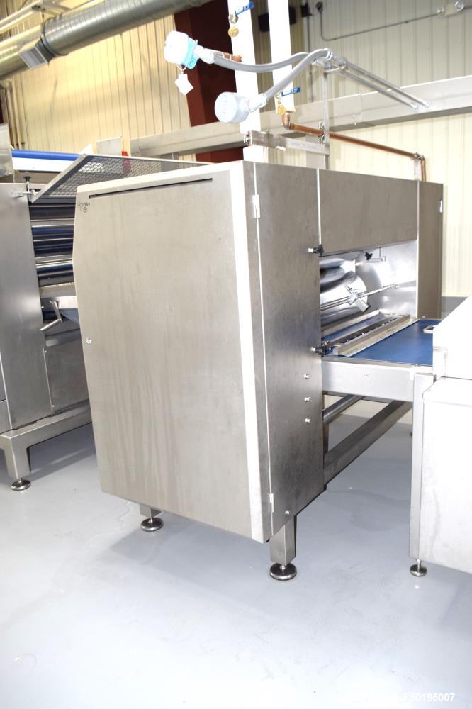 Used Rademaker Sheeting System For Chips, 1000mm Wide, Serial# 7193, Built 2008. Consisting of: (1) 10" wide x 96" long rubber belt conveyor with a 0.37kw gear motor, (1) 3 roll inclined belt feeder ...