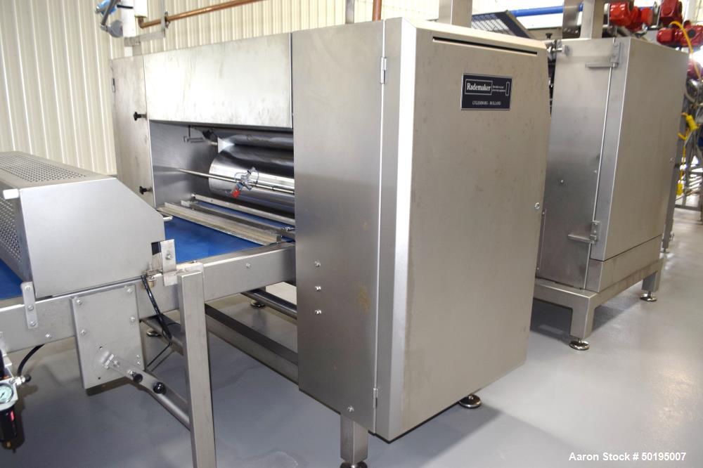 Used Rademaker Sheeting System For Chips, 1000mm Wide, Serial# 7193, Built 2008. Consisting of: (1) 10" wide x 96" long rubber belt conveyor with a 0.37kw gear motor, (1) 3 roll inclined belt feeder ...