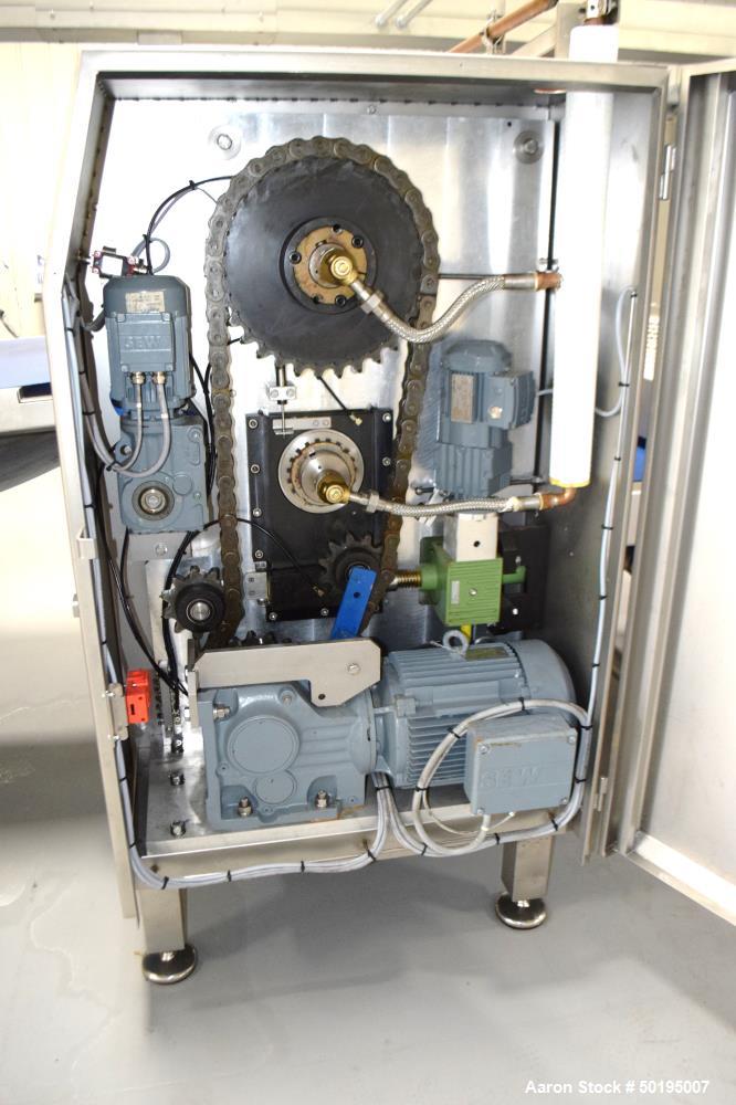Used Rademaker Sheeting System For Chips, 1000mm Wide, Serial# 7193, Built 2008. Consisting of: (1) 10" wide x 96" long rubber belt conveyor with a 0.37kw gear motor, (1) 3 roll inclined belt feeder ...
